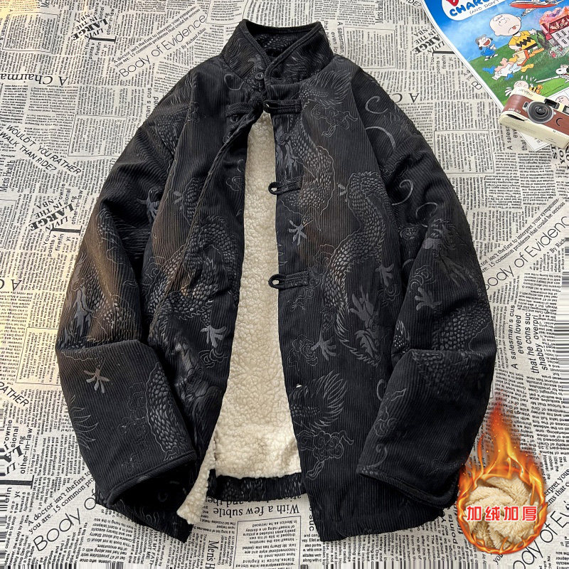 新中式N斜领盘扣龙纹暗花灯芯绒羊羔毛夹克棉衣服JK19-P135控158,男装夹克,电商A005A