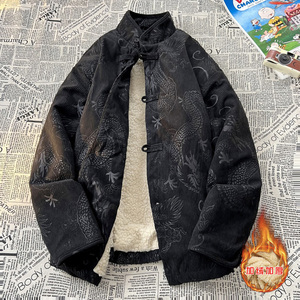 新中式N斜领盘扣龙纹暗花灯芯绒羊羔毛夹克棉衣服JK19-P135控158图片