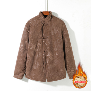 新中式A斜领盘扣龙纹暗花灯芯绒羊羔毛夹克棉衣服JK19-P135控158