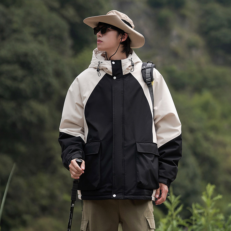 冬季外套男L工装大口袋拼色连帽羽绒加厚棉衣服冲锋衣88022-P118,男装棉衣,电商A005A