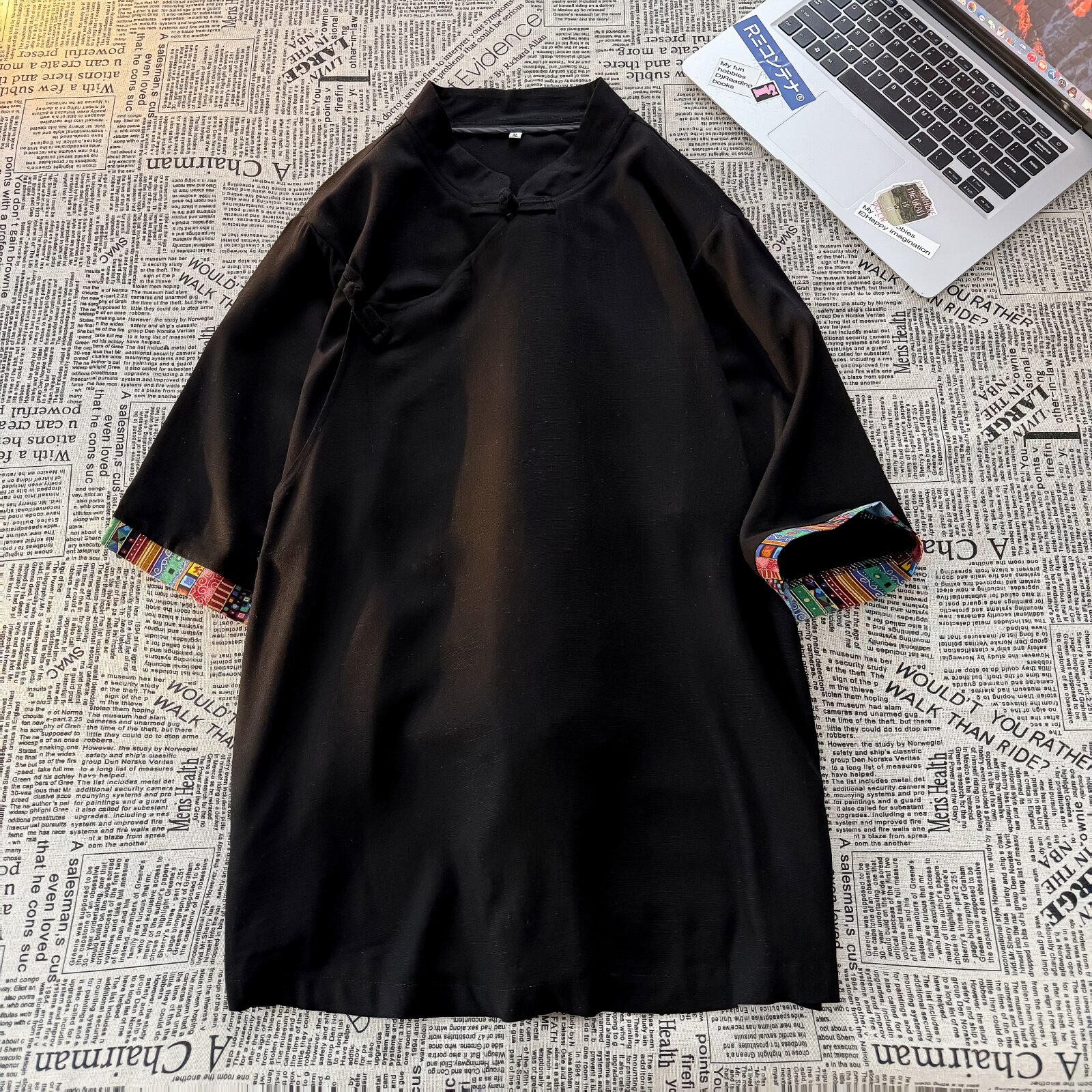 新中式B风斜襟盘扣亚麻拼色中山装中袖衬衫外套CS73-P68控88图片