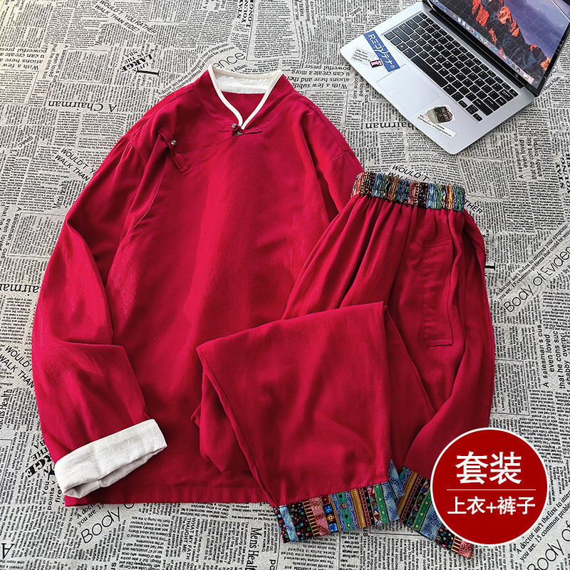 风F斜襟盘扣亚麻棉麻衬衫夹克大裤裆裤套装男TZ151-P173控198图片