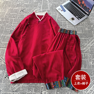 风F斜襟盘扣亚麻棉麻衬衫夹克大裤裆裤套装男TZ151-P173控198图片
