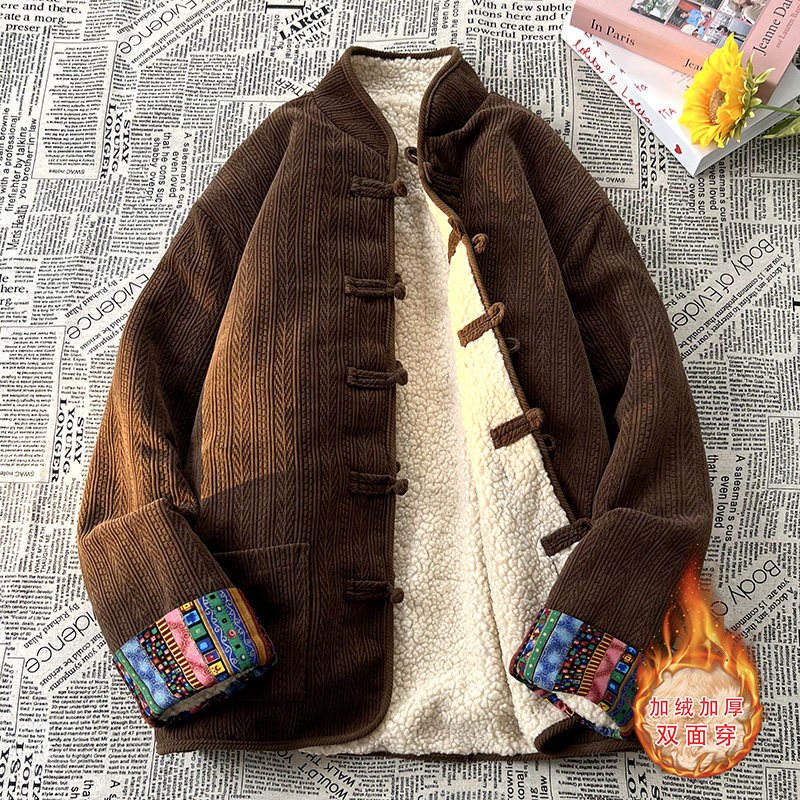 新中式B麦穗羊羔毛加绒加厚双面穿棉服夹克棉衣男JK21-P135控158图片