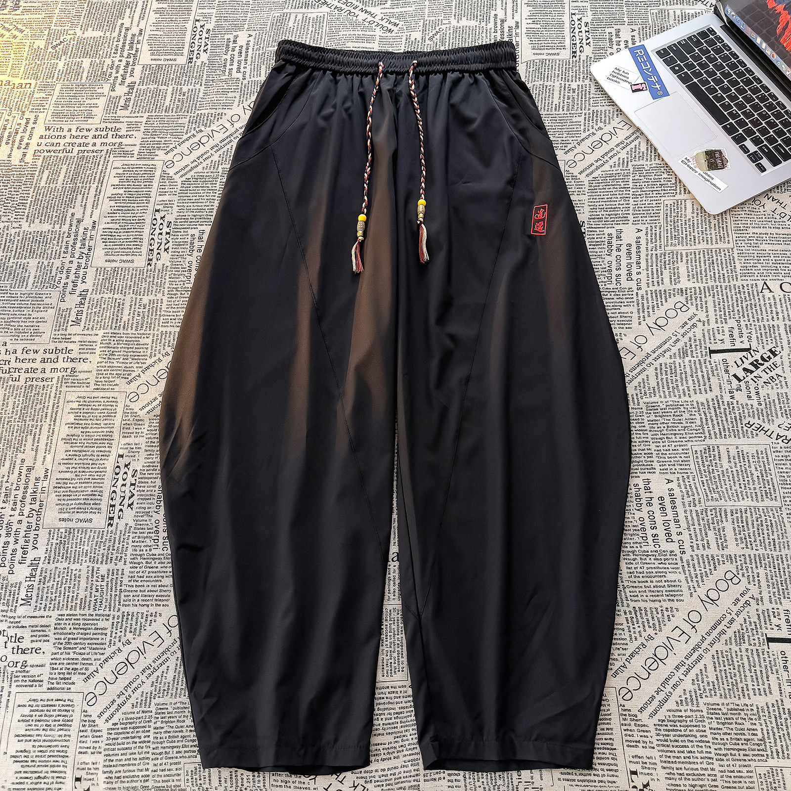 风L暗黑刺绣冰丝大桶裤宽松高级感萝卜裤阔腿裤K252-P65控88，男装休闲裤，电商A005A