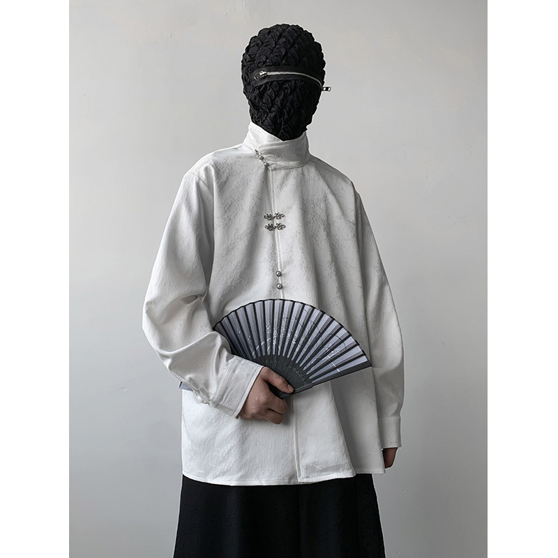 新中式F风缎面提花暗纹立领小众金属扣盘扣衬衫男CS13-P80控98，男装衬衫，电商A005A