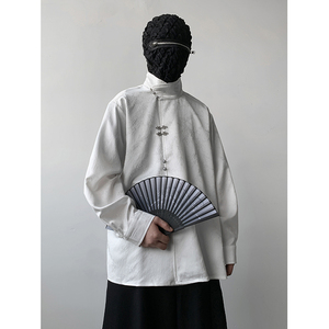 新中式F风缎面提花暗纹立领小众金属扣盘扣衬衫男CS13-P80控98，男装衬衫，电商A005A