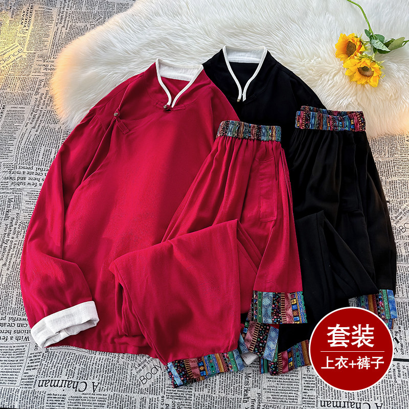 风E斜襟盘扣亚麻棉麻衬衫夹克大裤裆裤套装男TZ151-P173控198,男装夹克,电商A005A