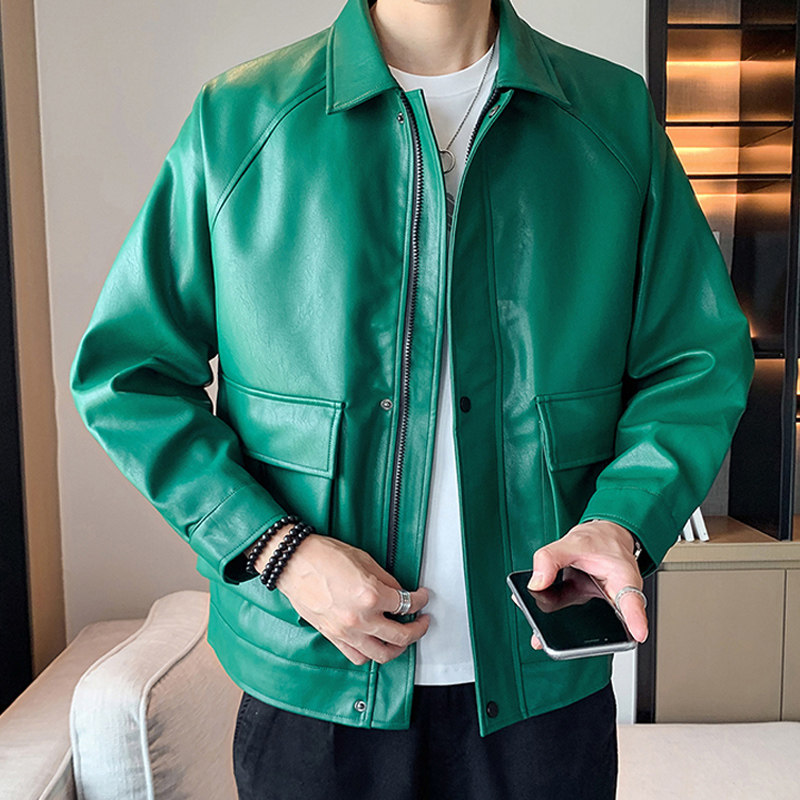 轻熟风A墨绿色PU皮夹克男复古机车皮衣A005A-JN8810-P95控128,男装夹克,电商A005A