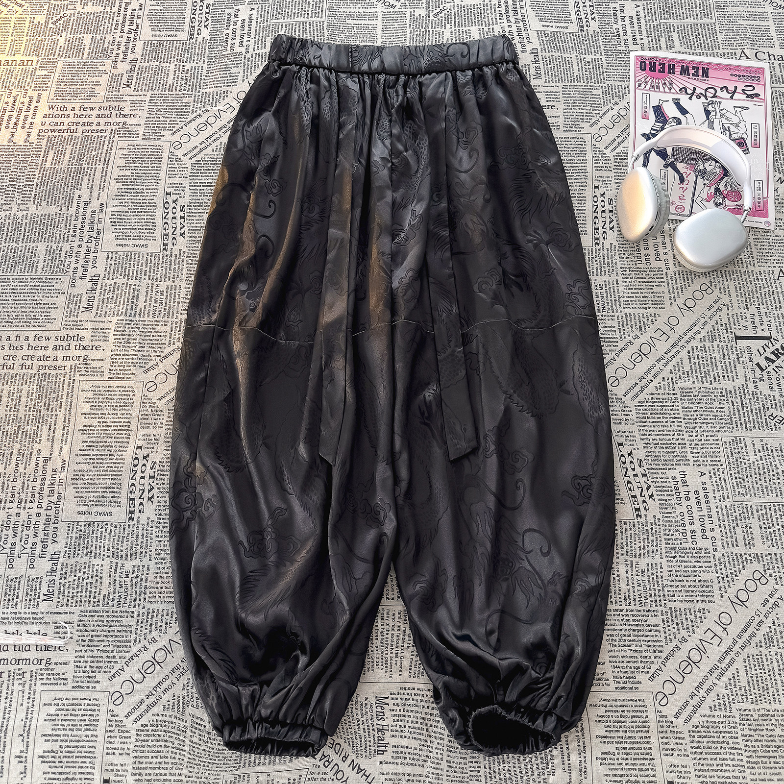 风暗纹龙纹冰丝腰带九分裤男大桶裤宽松萝卜裤K253-P68控88，男装休闲裤，电商A005A