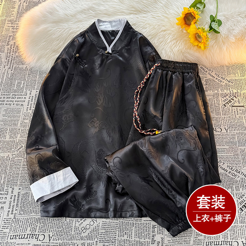 风A盘扣龙纹暗花冰丝衬衫夹克萝卜裤套装男TZ155-P120控148图片