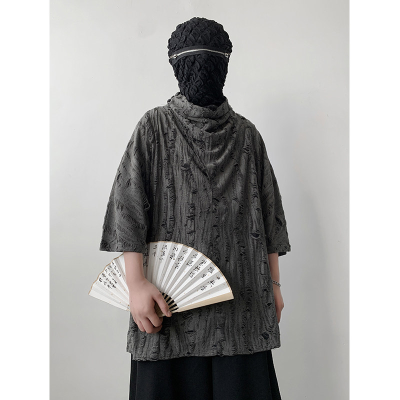 暗黑F冰丝破洞复古镂空山本耀司小众设计堆堆领t桖T06-P65控88,男装T恤,电商A005A