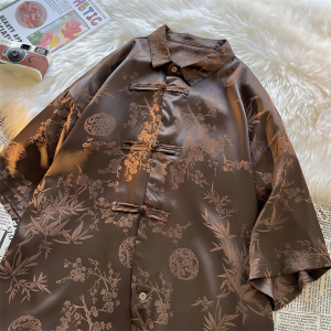 新中式A风盘扣小众设计树叶提花暗纹冰丝衬衫男CS50-P68控88图片