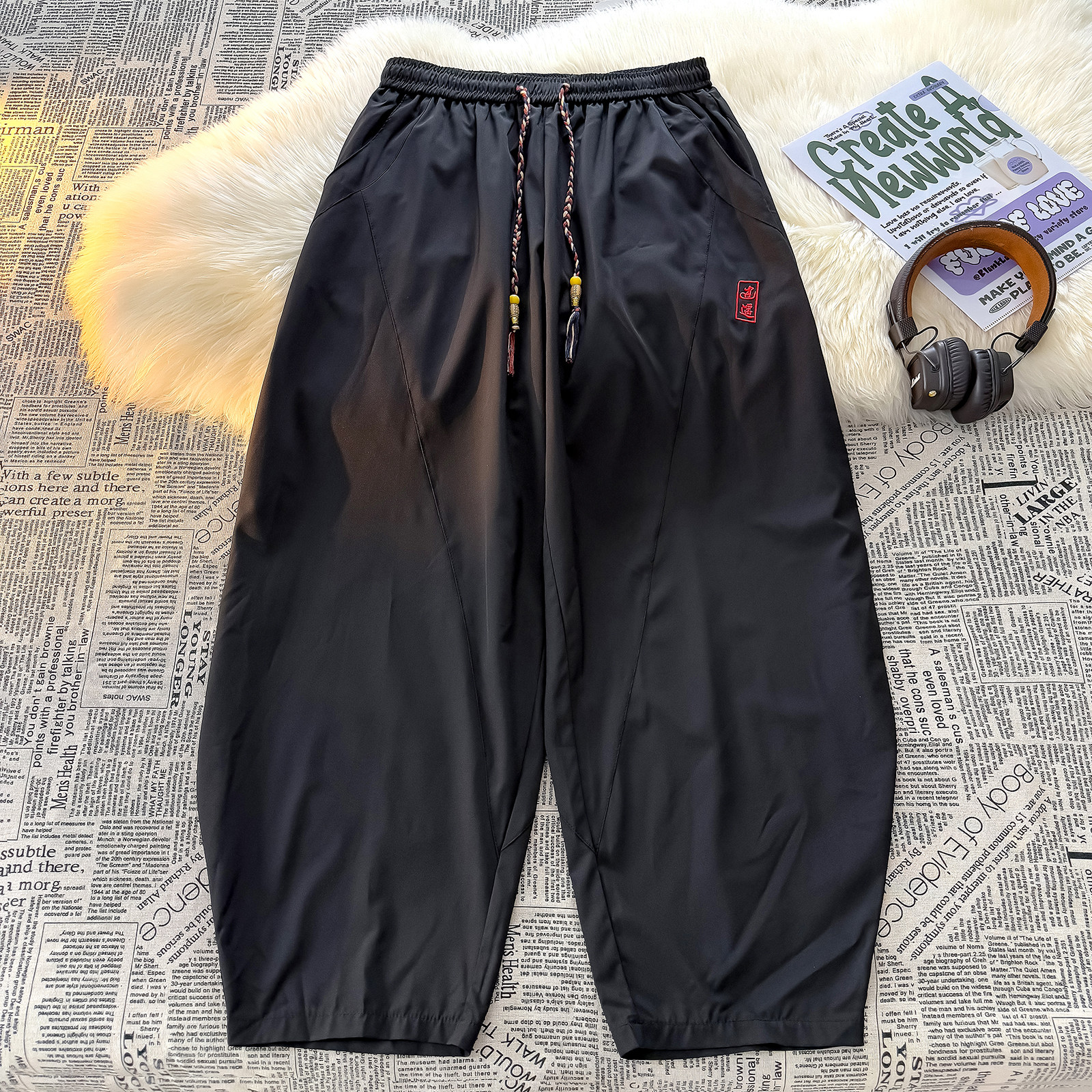 风L暗黑刺绣冰丝大桶裤宽松高级感萝卜裤阔腿裤K252-P65控88，男装休闲裤，电商A005A