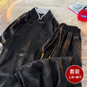风A盘扣暗花龙纹冰丝中山装衬衫萝卜裤套装男TZ160-P120控148图片