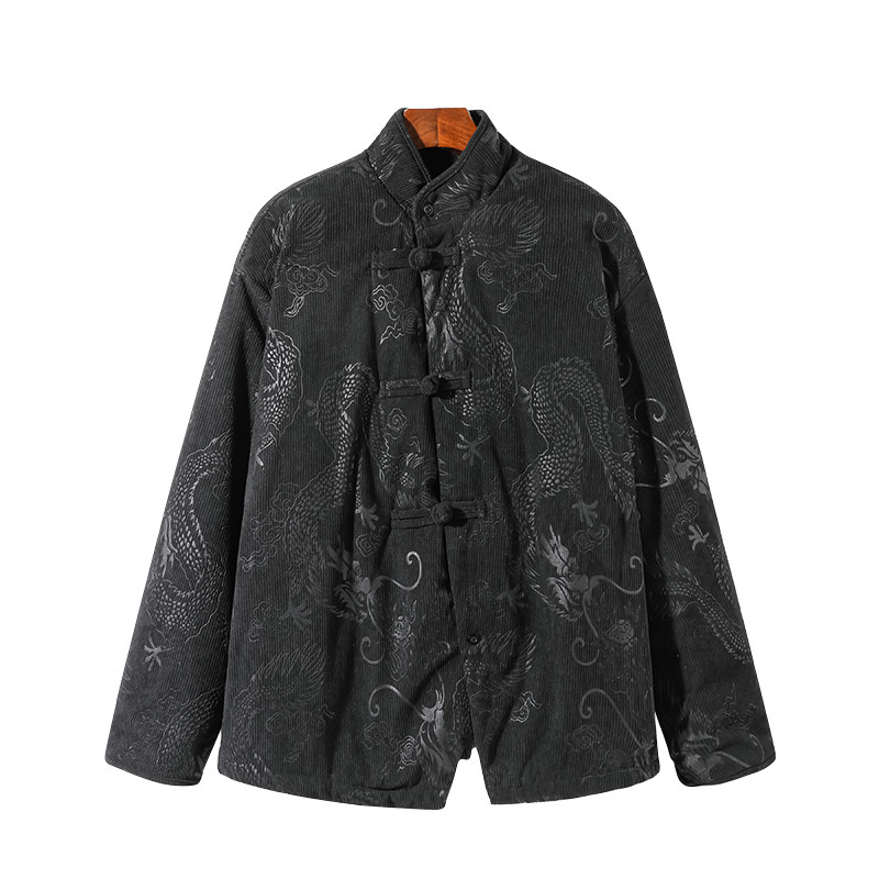 新中式D斜领盘扣龙纹暗花灯芯绒羊羔毛夹克棉衣服JK19-P135控158,男装夹克,电商A005A