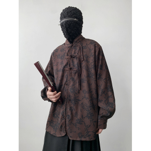 新中式G盘扣长袖衬衫男汉服唐装中山装树叶印花外套CS26-P68控88图片