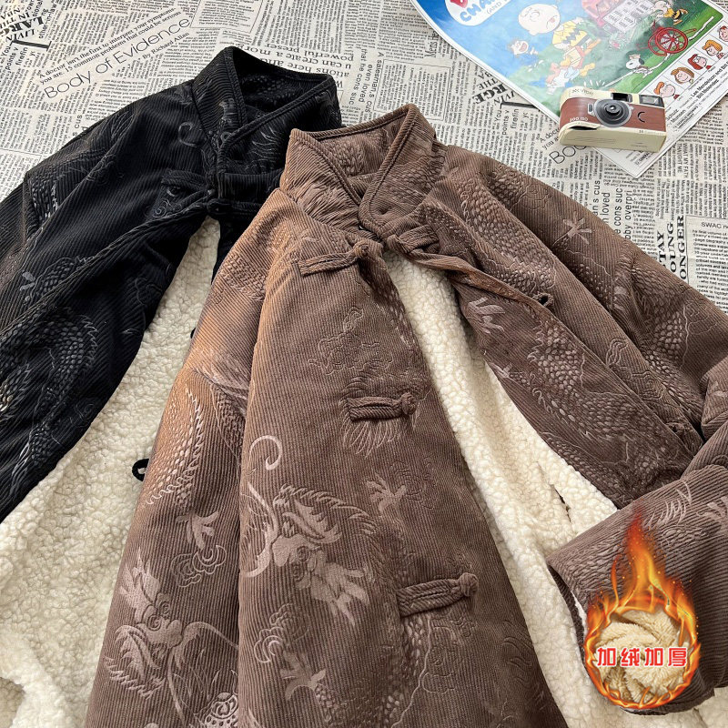 新中式N斜领盘扣龙纹暗花灯芯绒羊羔毛夹克棉衣服JK19-P135控158,男装夹克,电商A005A