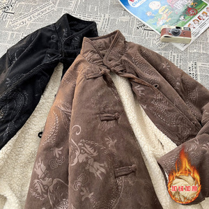 新中式N斜领盘扣龙纹暗花灯芯绒羊羔毛夹克棉衣服JK19-P135控158图片