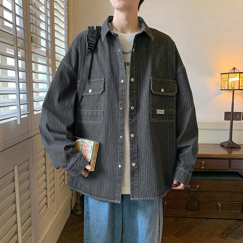 港风B工装多口袋立体剪裁衬衫夹克条纹牛仔衣男86063-P98,男装衬衫,电商A005A