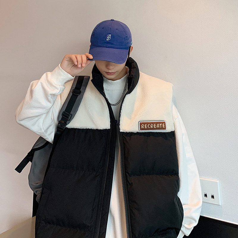 港风B奶咖色棉服马甲男羊羔毛拼接背心A005A-MN8817-P78,男装背心/马甲,电商A005A