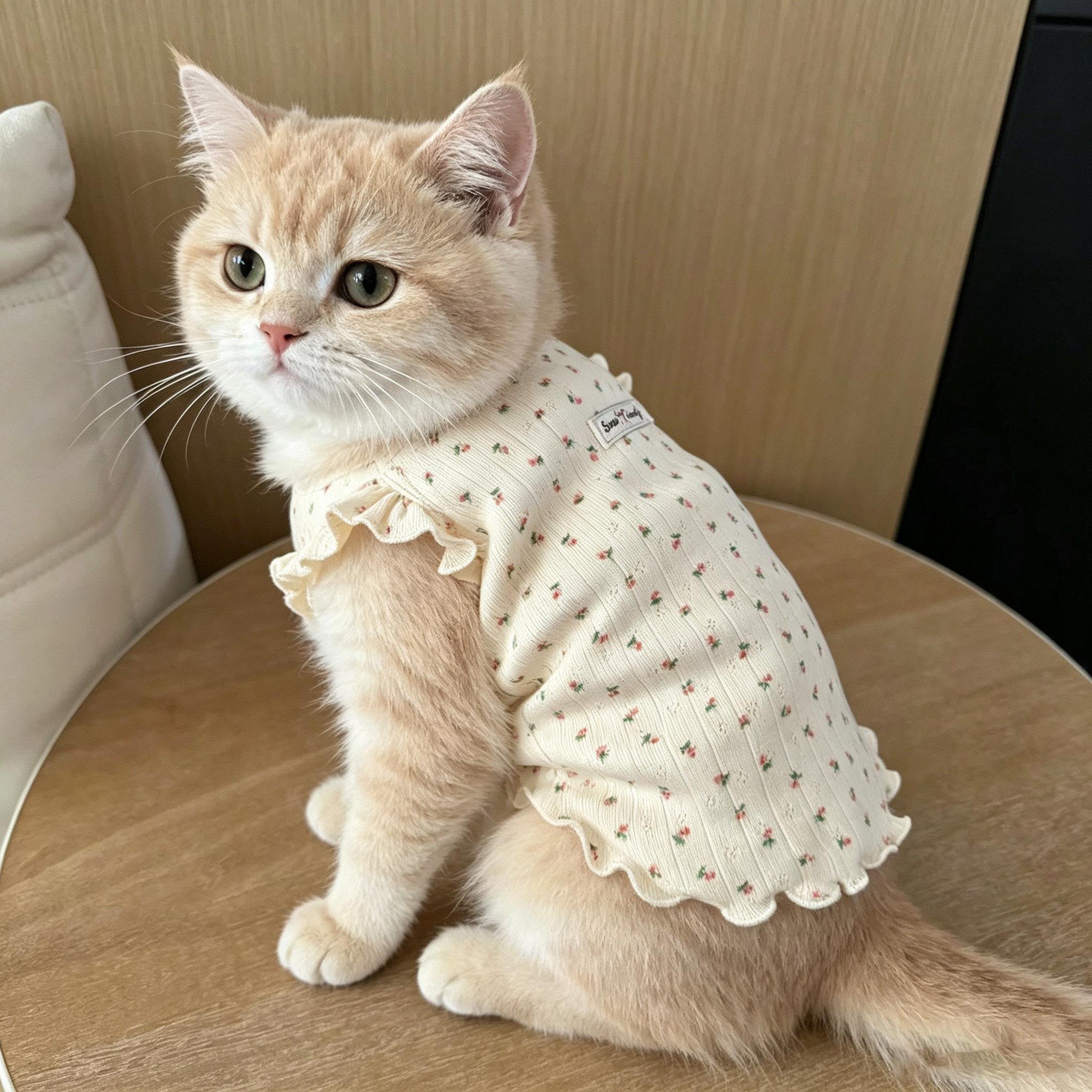 飞袖碎花宠物背心泰迪狗家居服春夏季公主薄款防掉毛纯棉猫咪衣服
