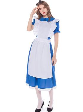 跨境 万圣节爱丽丝梦游仙境出口欧美蓝色女仆cosplay表演服亲子装