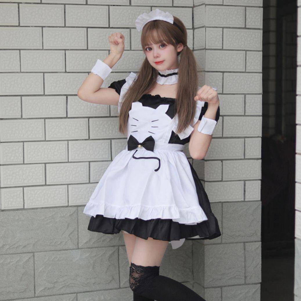 日系黑白猫女仆 绣花女仆服 女仆装COSpaly 大码萝莉萌系服装