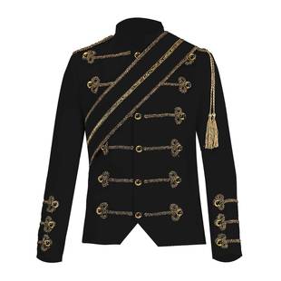 男黑色亮片欧洲宫廷风格造型师男装夜店DJ镶金演出服军装表演礼服