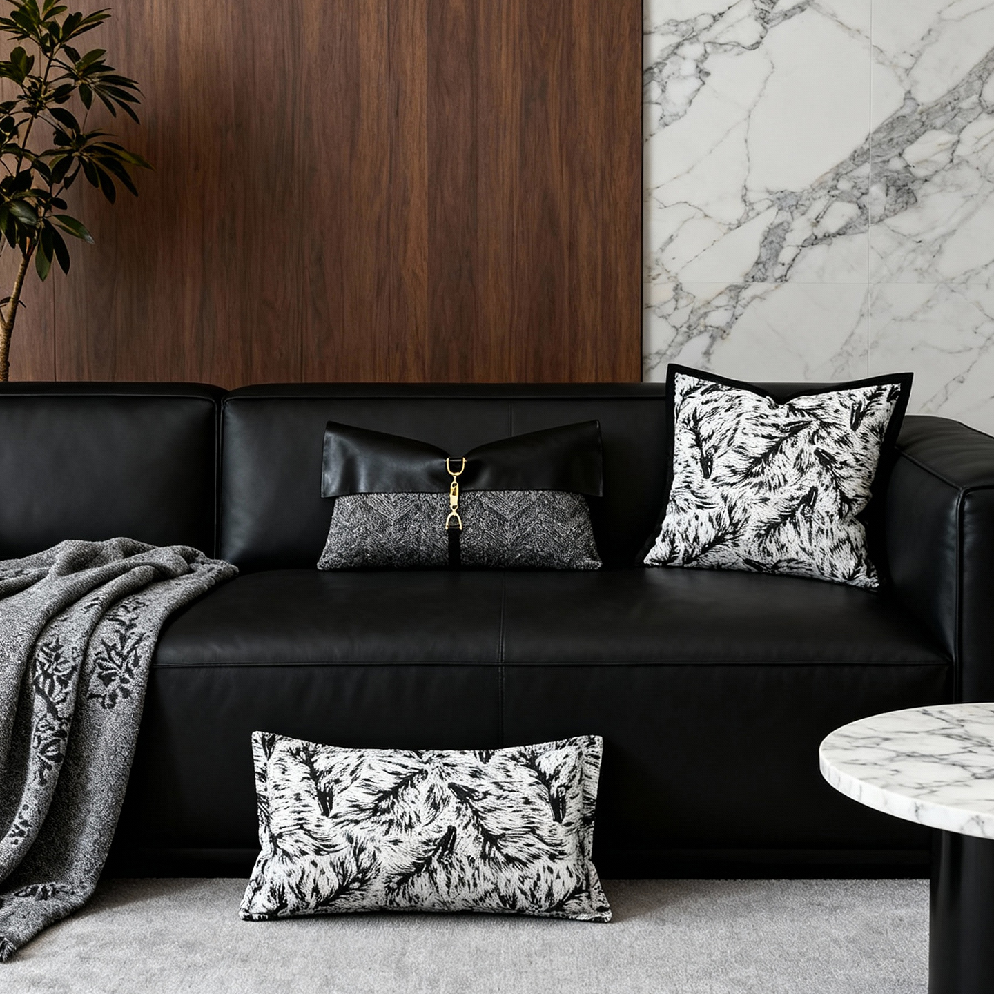 GULAN古兰抱枕黑色高级感样板间沙发客厅羽丝绒枕芯靠枕腰枕