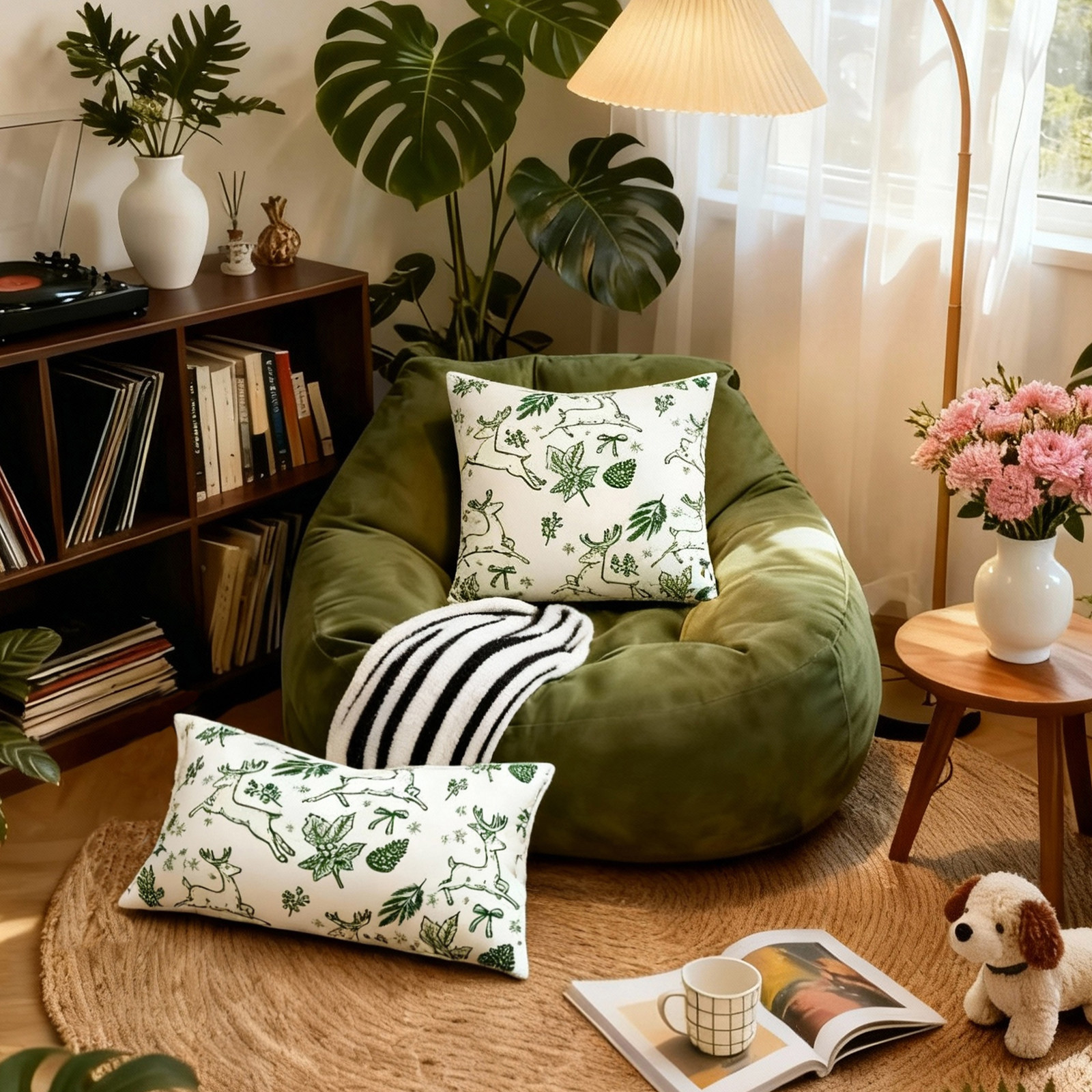 GULAN抱枕圣诞节氛围感绿色麋鹿腰枕靠枕沙发客厅样板间高级感