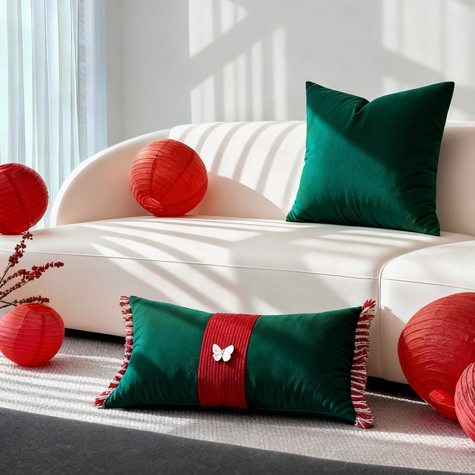 GULAN古兰腰枕圣诞节高级氛围感沙发客厅绿色羽丝绒抱枕