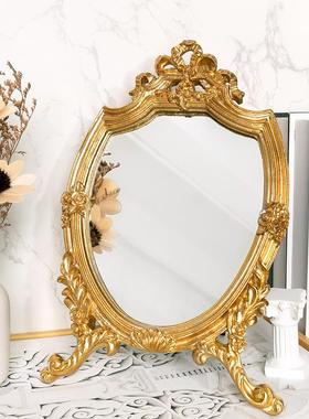 欧式复古风浮雕台式化妆镜轻奢桌面梳妆镜可挂墙单面镜子公主镜