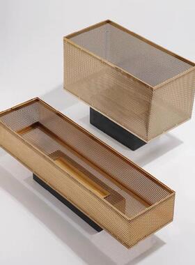 现代轻奢花瓶金属长方形花器摆件样板房售楼处网格花盆软装饰品