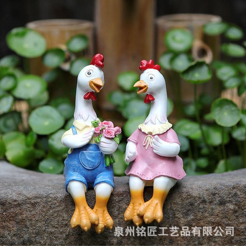 跨境情侣鸡阳台装饰品花园庭院造景布置鱼缸鸡摆件微景观挂盆动物