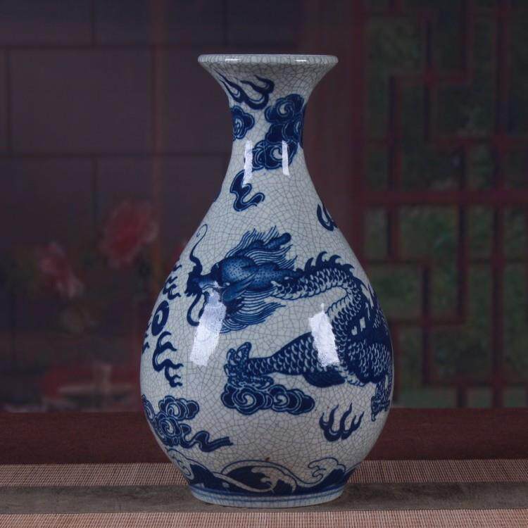 仿古开片裂纹釉青花瓷龙纹玉壶春瓶插花摆件 中式复古陶瓷装饰品