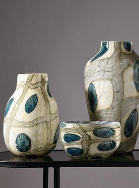 蓝绿肌理网格艺术氛围感中古琉璃花瓶高级手工玻璃花器果盘组合