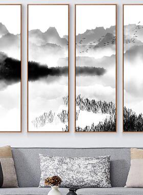 必画客厅装饰画新中式中国风水墨画四联山水画书房背景墙挂画禅意
