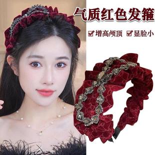 秋冬丝绒蝴蝶结发箍女2024年宽边褶皱头箍高颅顶发卡头饰D3
