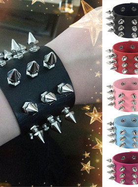 欧美原宿朋克风非主流夸张皮革手镯锥形尖铆钉三排皮手链手镯手环