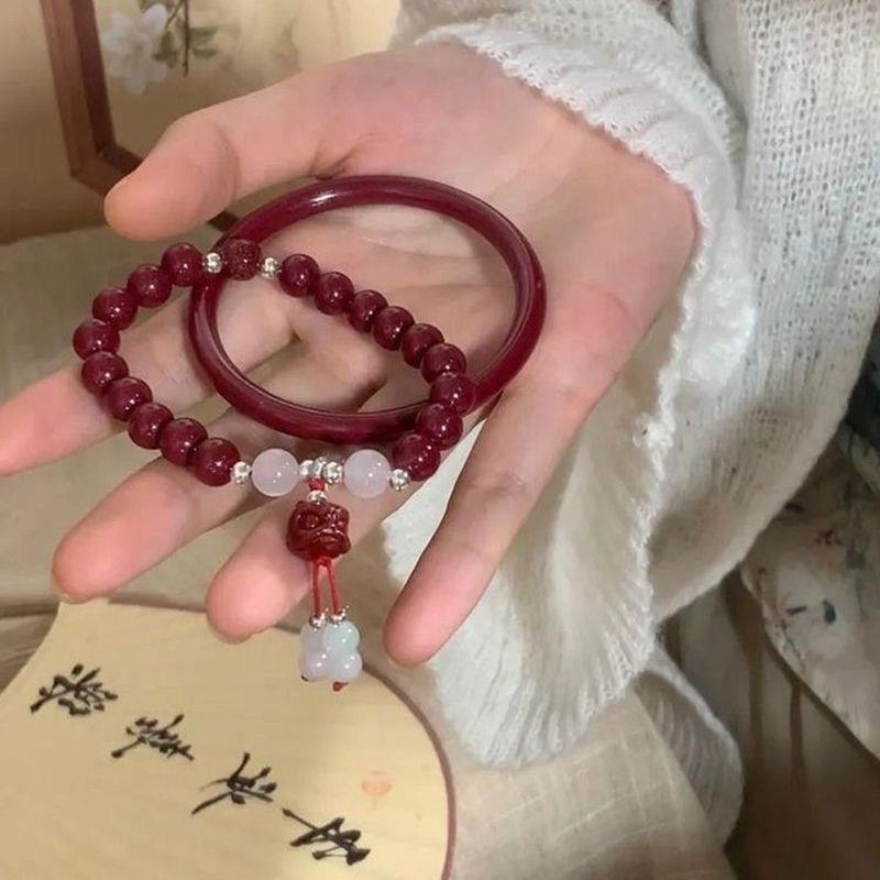 新中式新年喜庆手镯醒狮手串朱砂红手链国风复古手饰小众感D3