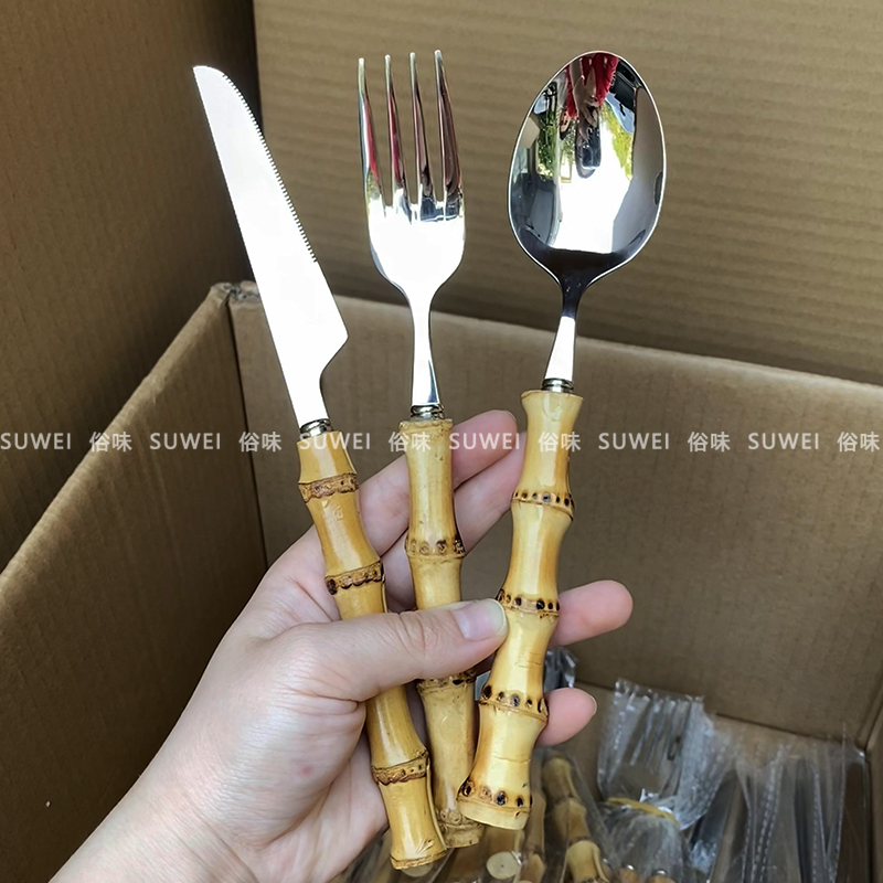 俗味纯天然竹子304不锈钢甜品叉