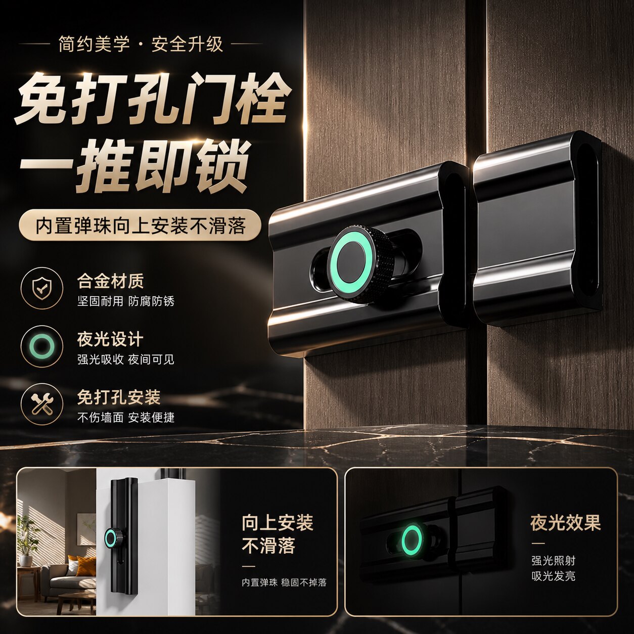 插销门栓免打孔简易门锁大门房间门卫生间锁扣门窗反锁神器门扣