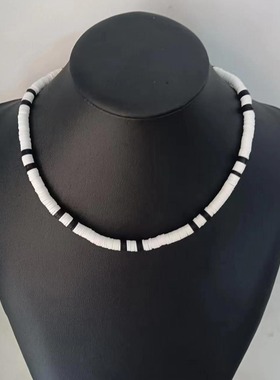 欧美跨境热销饰品黑白色简约软陶项链波西米亚风复古百搭项饰