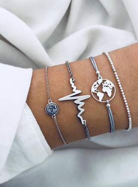 跨境电商饰品欧美风时尚个性编织地图串珠心跳手链4件套