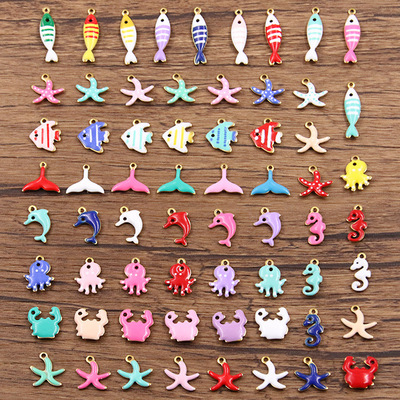 多色不锈钢金色珐琅滴油 海洋生物diy吊坠鱼螃蟹海豚魅力手工制作