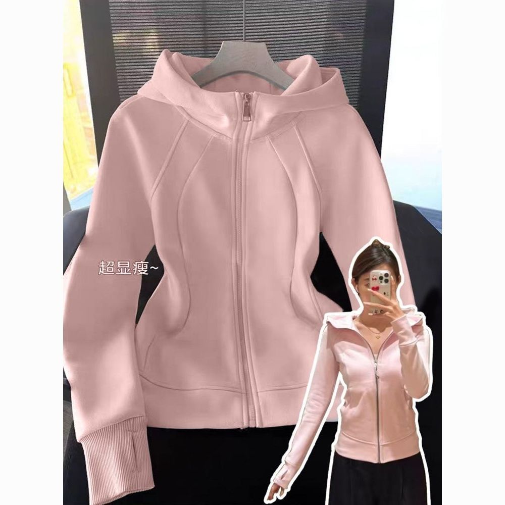 韩系粉红色防晒衣女秋冬加绒辣妹瑜伽服修身收腰显瘦户外运动外套