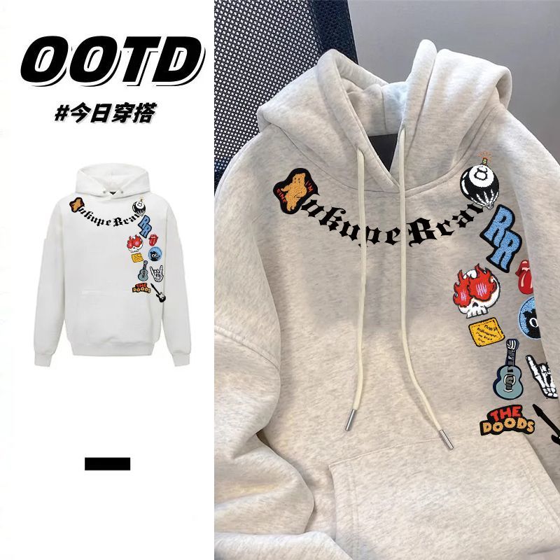 花灰色美式潮流高街印花连帽卫衣男女情侣秋冬季纯棉加绒加厚帽衫