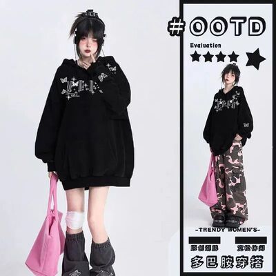 纯棉美式潮牌蝴蝶印花连帽卫衣男女秋冬情侣高街oversize小众帽衫