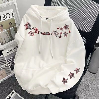 秋冬ins风重磅男女情侣款纯棉连帽卫衣潮牌星星印花加绒加厚帽衫